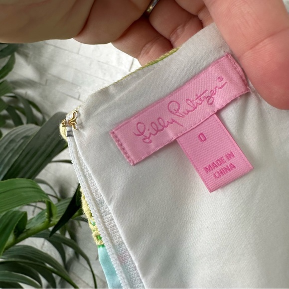 LILLY PULITZER Strapless Bowen Gator Print Patch Yellow Green Dress Size 0 - Picture 10 of 11